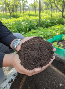 Handful of Compost: A close-up of a person holding a rich, dark brown handful of organic vermicompost over a garden bed.
