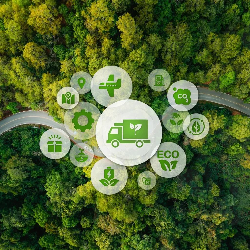 Eco-Friendly Logistics: An aerial view of a winding road through a dense green forest, overlaid with icons representing sustainable transport, including a green truck with a leaf emblem, CO2 reduction, and eco-packaging.