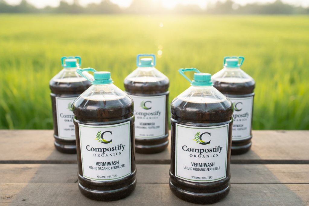 Compostify Organics Vermiwash liquid organic fertilizer in 10-liter bottles, displayed outdoors on a wooden table with a green agricultural field background, eco-friendly bio fertilizer for sustainable farming and organic crop growth.