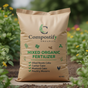 Mixed Organic Fertilizer: "A brown sack of Mixed Organic Fertilizer listing ingredients: Oiled Neem Cake, Castor Cake, Mustard Cake, and Poultry Manure."