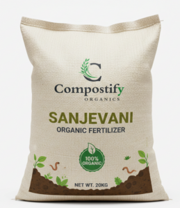 Sanjevani Organic Fertilizer: A high-quality 20kg tan-colored bag of "Sanjevani 100% Organic Fertilizer" by Compostify Organics, suitable for all types of crops.