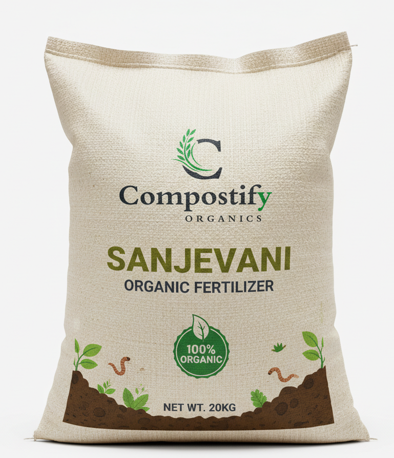 20kg Sanjevani Organic Fertilizer by Compostify Organics, a premium 100% organic plant supplement for sustainable gardening and agriculture.