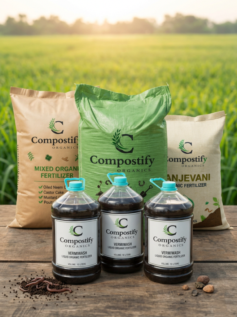 Compostify Organics product line including liquid vermiwash in jugs and organic fertilizer including Vermicompost, Mixed organic fertilizer and Sanjevani in eco-friendly bags on a wooden table.